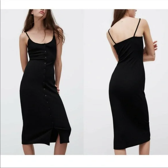 Zara | Dresses | Zara Women Black Ribbed Midi Dress Large Bodycon Strappy  Stretch Slim Round Neck | Poshmark